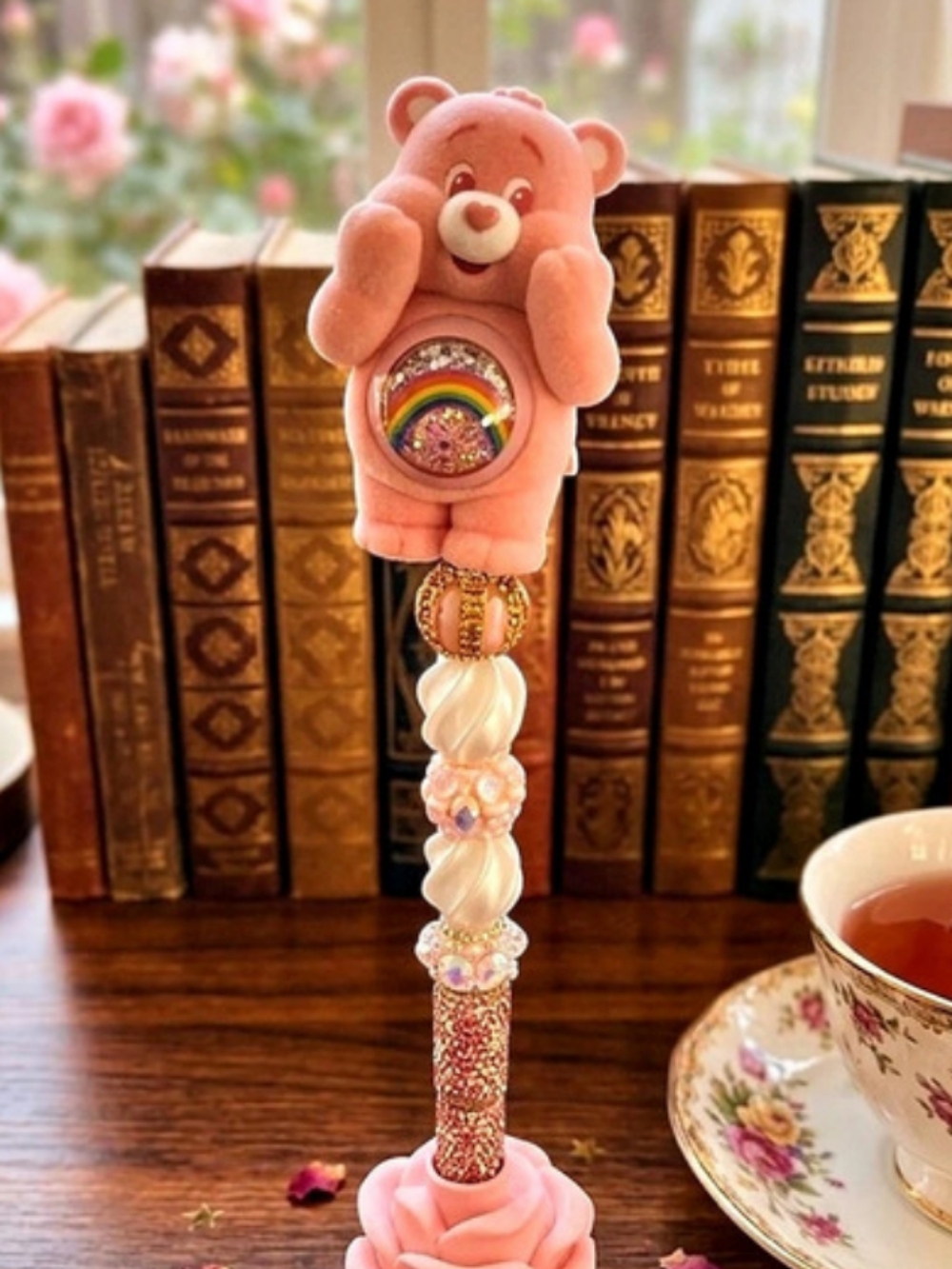 handmade Care Bear beaded pen featuring Cheer Bear as the topper.